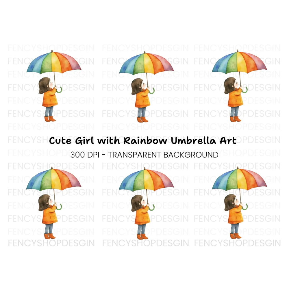 Girl with Rainbow Umbrella Clipart Bundle