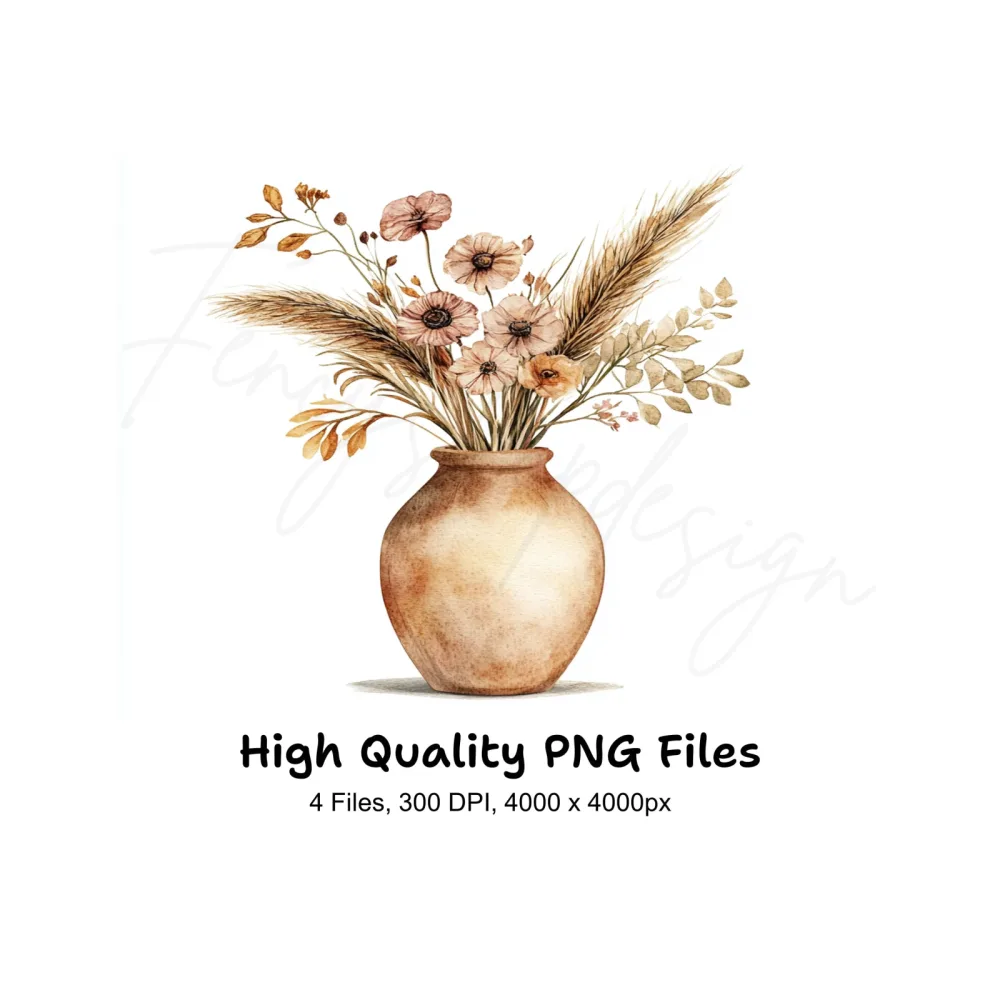 Boho Pampas Grass & Floral Vases Clipart Bundle