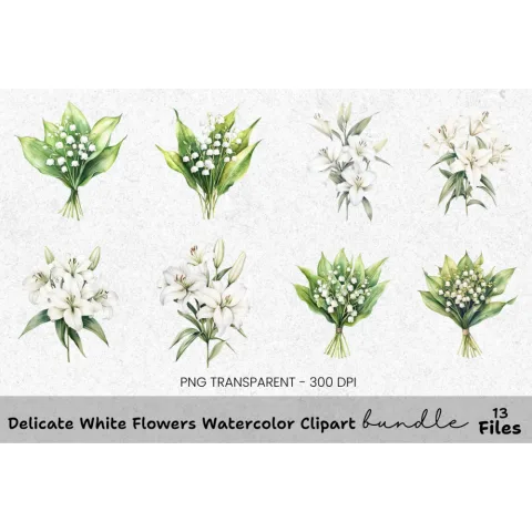 Delicate White Flowers Clipart Bundle