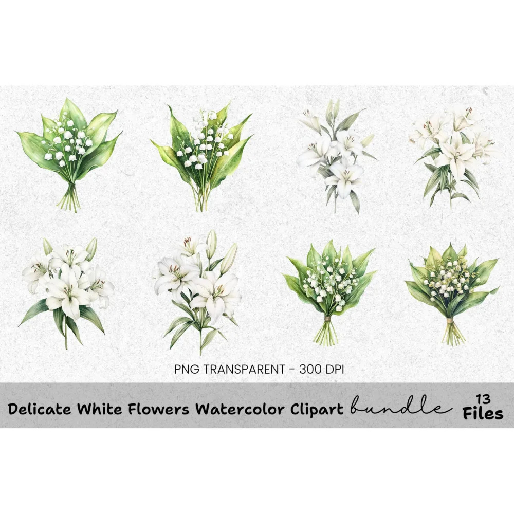Delicate White Flowers Clipart Bundle