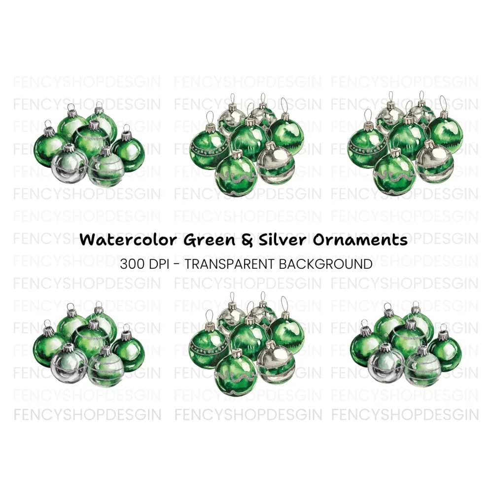 Green Silver Ornaments Clipart Bundle