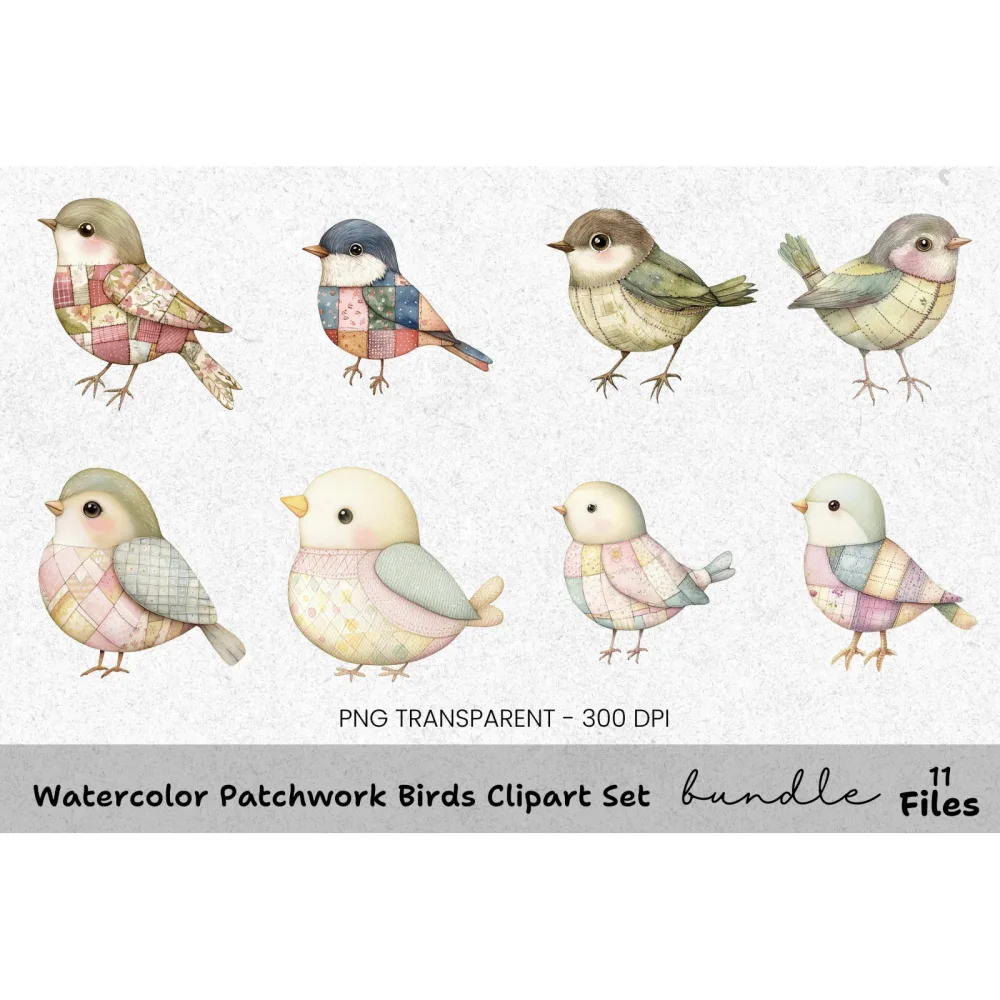 Patchwork Birds Clipart Bundle