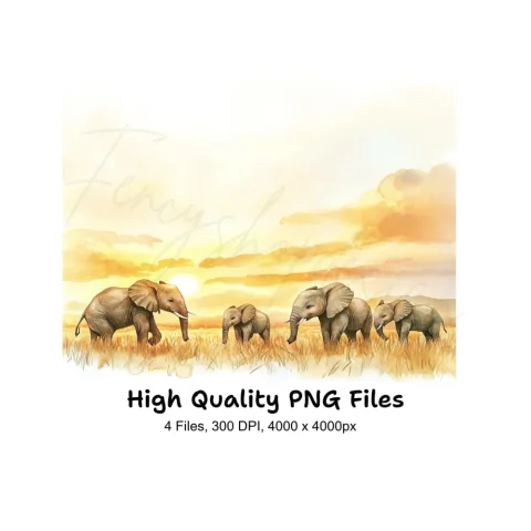 Elephants in Golden Sunset Landscape Clipart Bundle