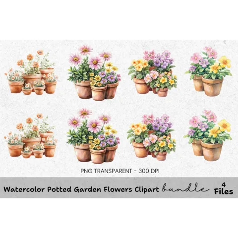 Potted Garden Flowers Clipart Bundle