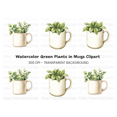 Potted Plants in Mugs Clipart Bundle