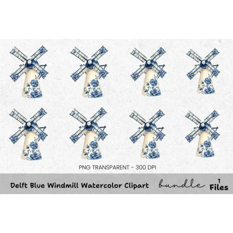 Delft Blue Windmill Clipart Bundle