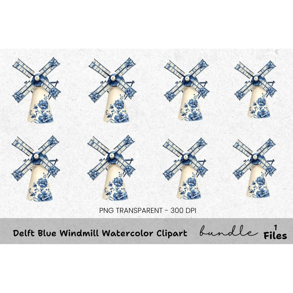 Delft Blue Windmill Clipart Bundle