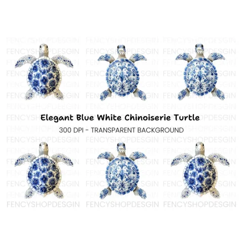 Blue White Chinoiserie Sea Turtle Clipart Bundle