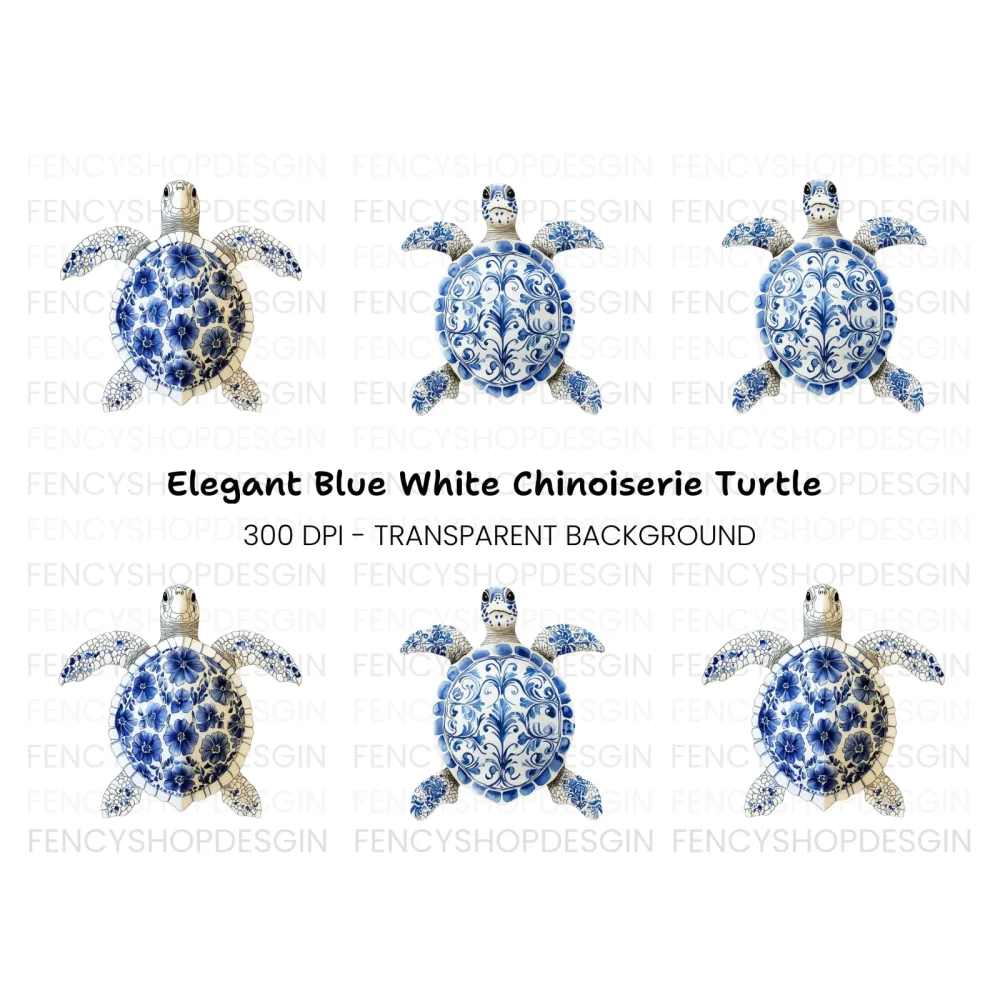 Blue White Chinoiserie Sea Turtle Clipart Bundle