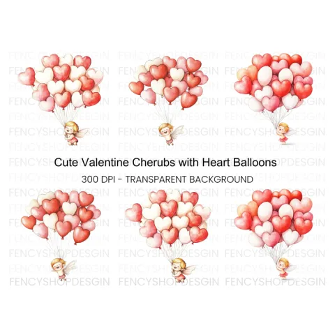 Cute Cupid with Heart Balloons Clipart Bundle
