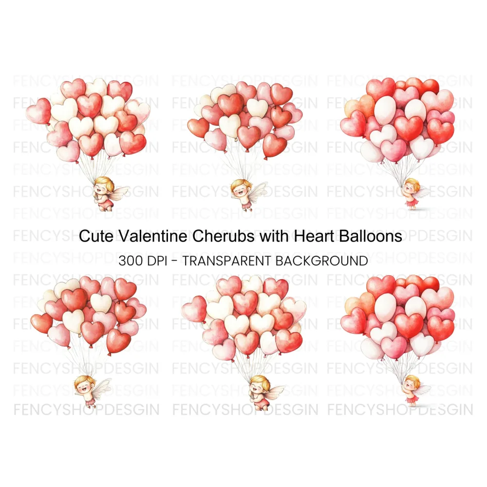 Cute Cupid with Heart Balloons Clipart Bundle
