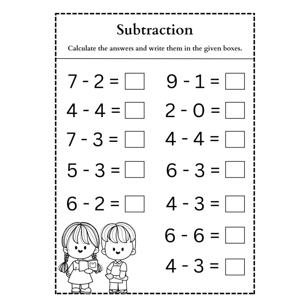 Subtraction Worksheet with Answer Boxes