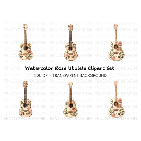 Rose Decorated Acoustic Guitar Clipart Bundle