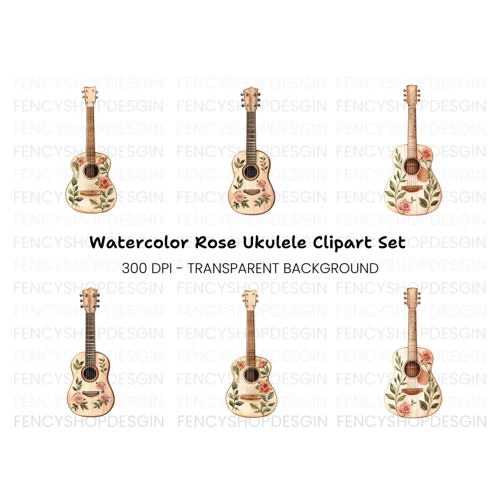 Rose Decorated Acoustic Guitar Clipart Bundle