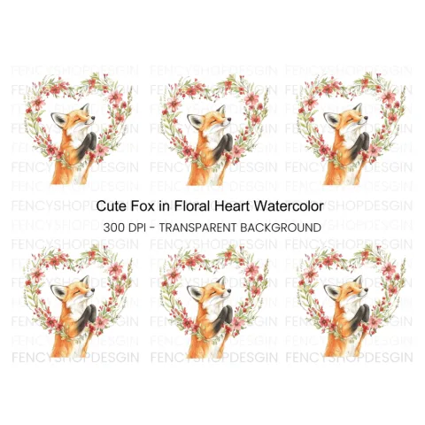 Cute Fox with Floral Heart Clipart Bundle