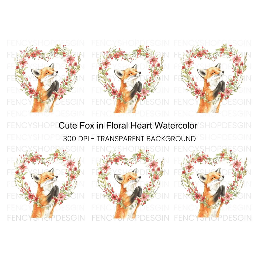 Cute Fox with Floral Heart Clipart Bundle