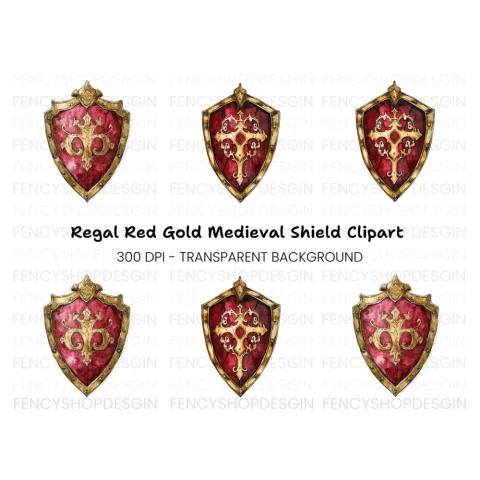 Red Gold Decorative Shield Clipart Bundle