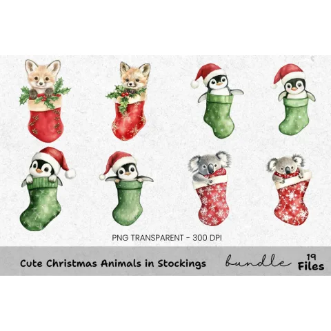Cute Christmas Animals in Stockings Clipart Bundle