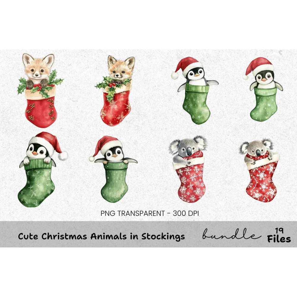 Cute Christmas Animals in Stockings Clipart Bundle