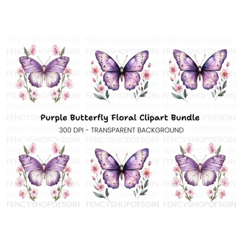 Purple Butterfly and Floral Clipart Bundle