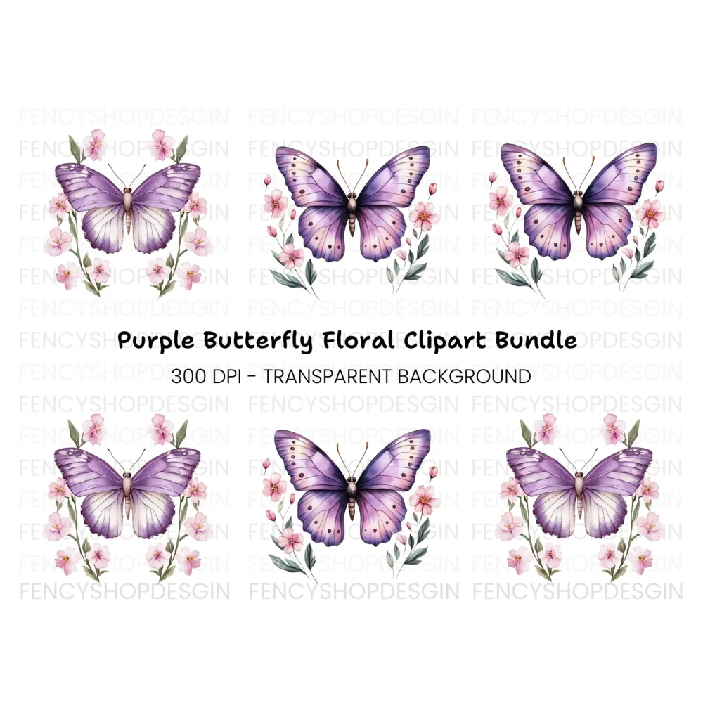 Purple Butterfly and Floral Clipart Bundle