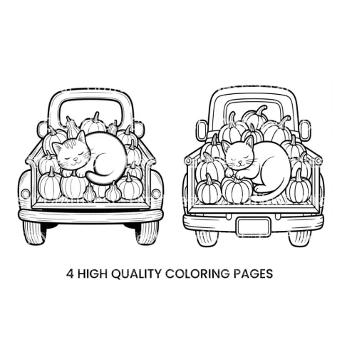 Cute Cat and Pumpkins Truck Coloring Books