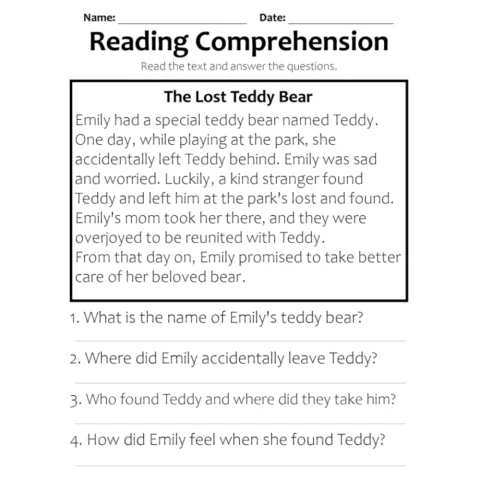 The Lost Teddy Bear Reading Comprehension Worksheet
