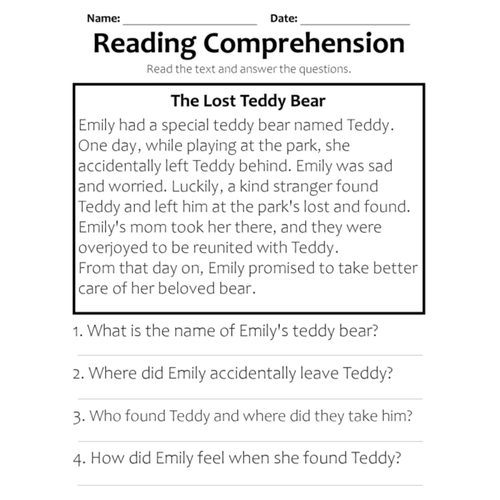 The Lost Teddy Bear Reading Comprehension Worksheet