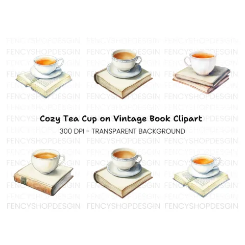 Tea Cups and Books Clipart Bundle