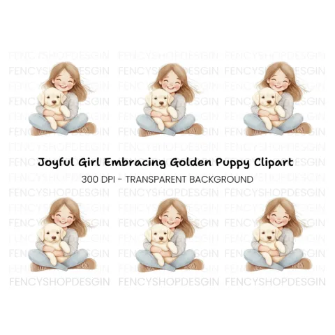 Happy Girl Cuddling Puppy Clipart Bundle