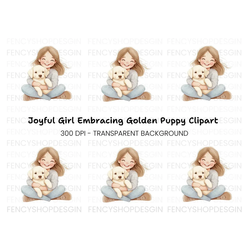 Happy Girl Cuddling Puppy Clipart Bundle