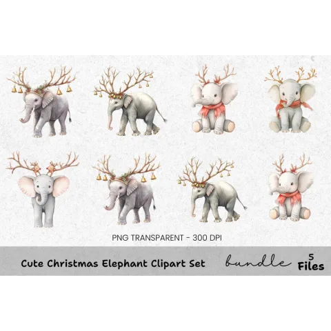 Cute Christmas Elephant Clipart Bundle