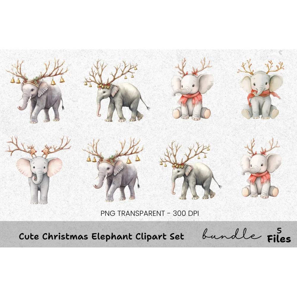 Cute Christmas Elephant Clipart Bundle
