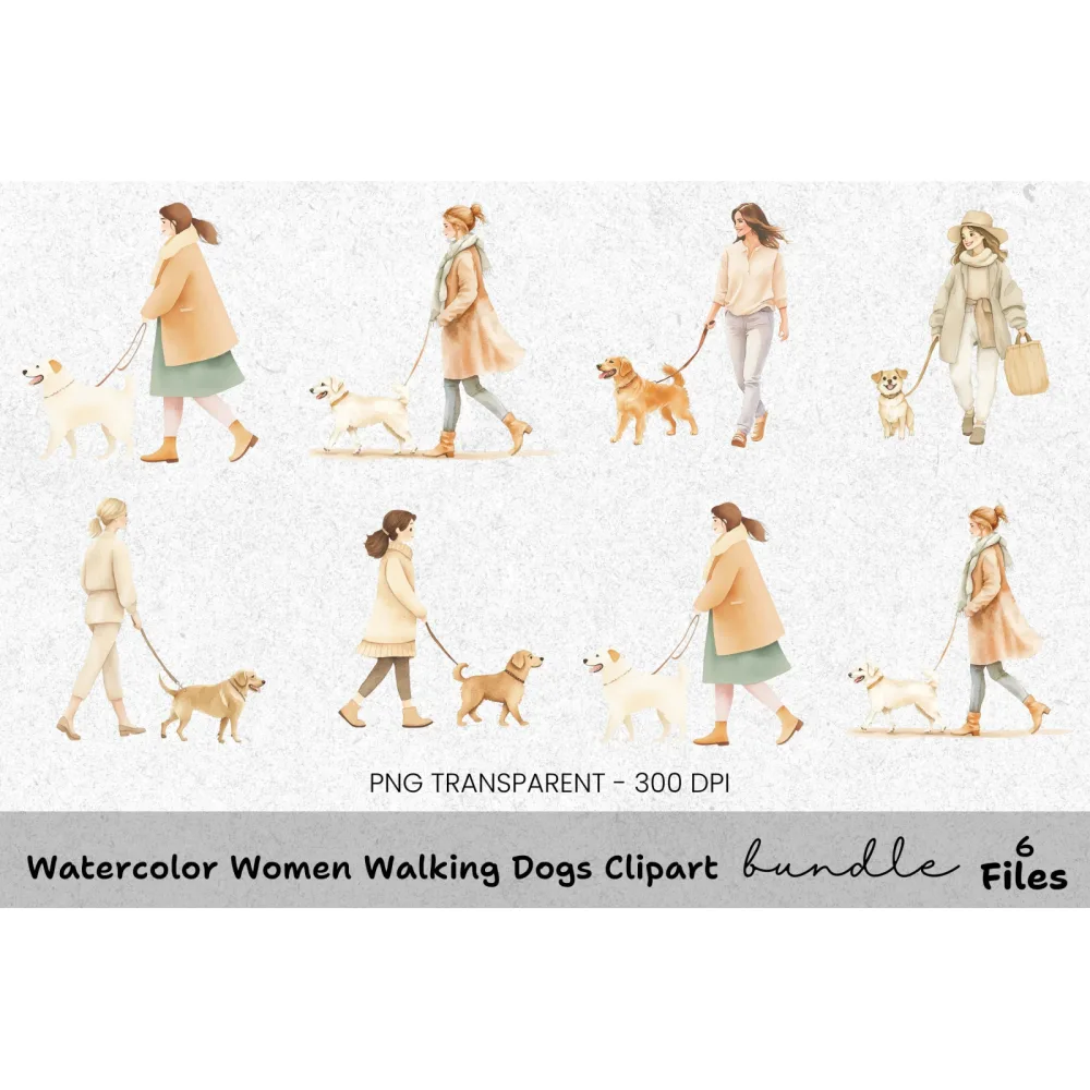 Women Walking Dogs Clipart Bundle