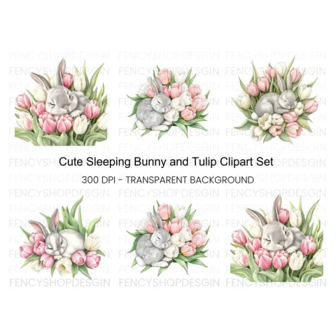 Sleeping Bunny in Tulip Bouquet Clipart Bundle