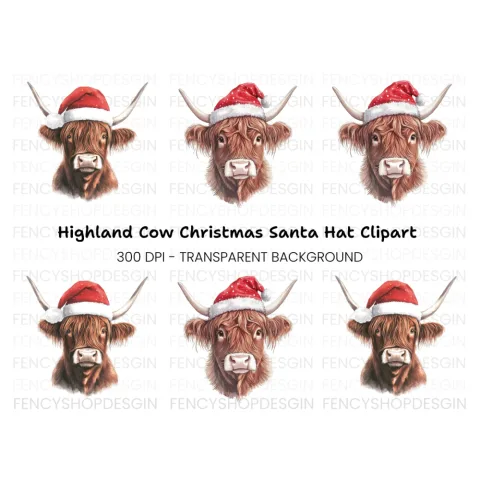 Highland Cow Christmas Santa Hats Clipart Bundle
