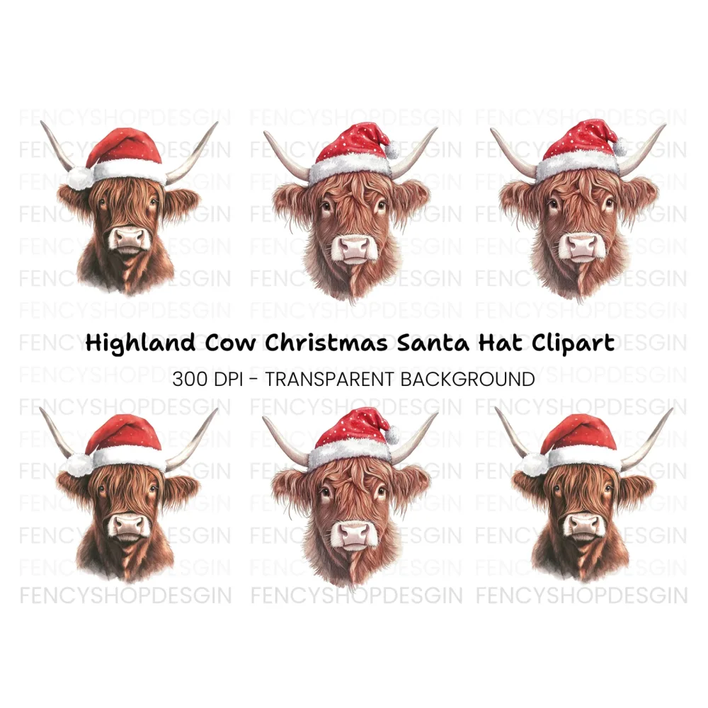 Highland Cow Christmas Santa Hats Clipart Bundle