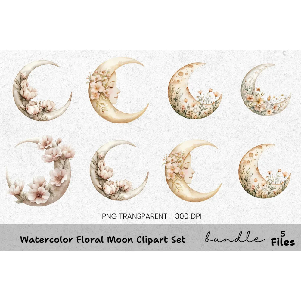 Floral Moon Clipart Bundle