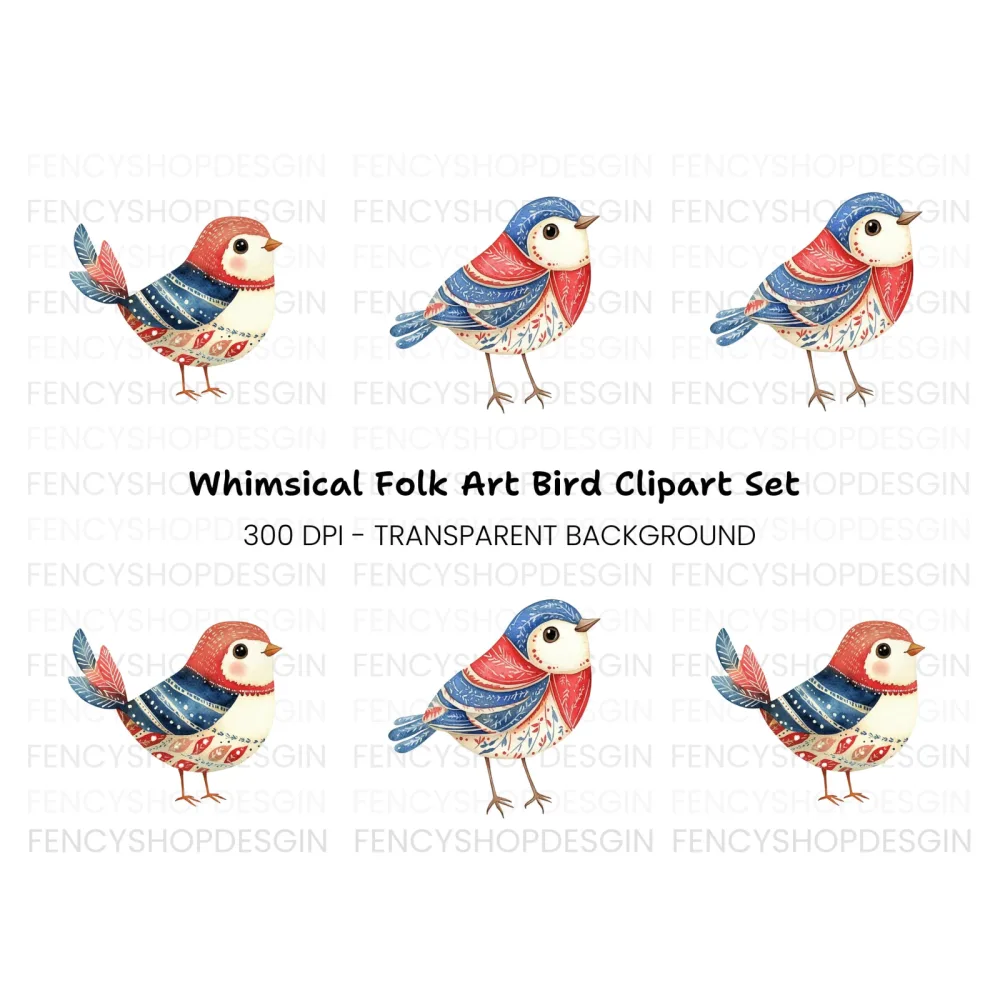 Adorable Folk Birds Clipart Bundle