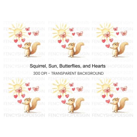 Happy Squirrel with Hearts and Butterflies Clipart Bundle