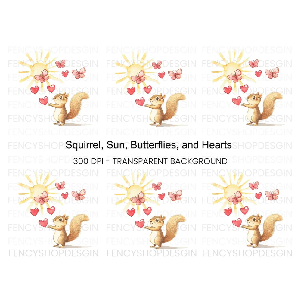 Happy Squirrel with Hearts and Butterflies Clipart Bundle