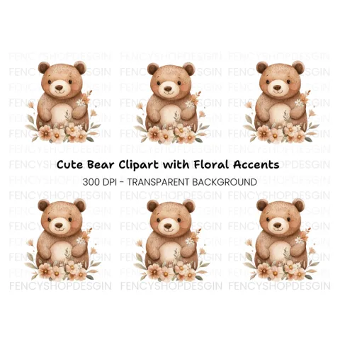 Cute Bear with Flowers Clipart Bundle