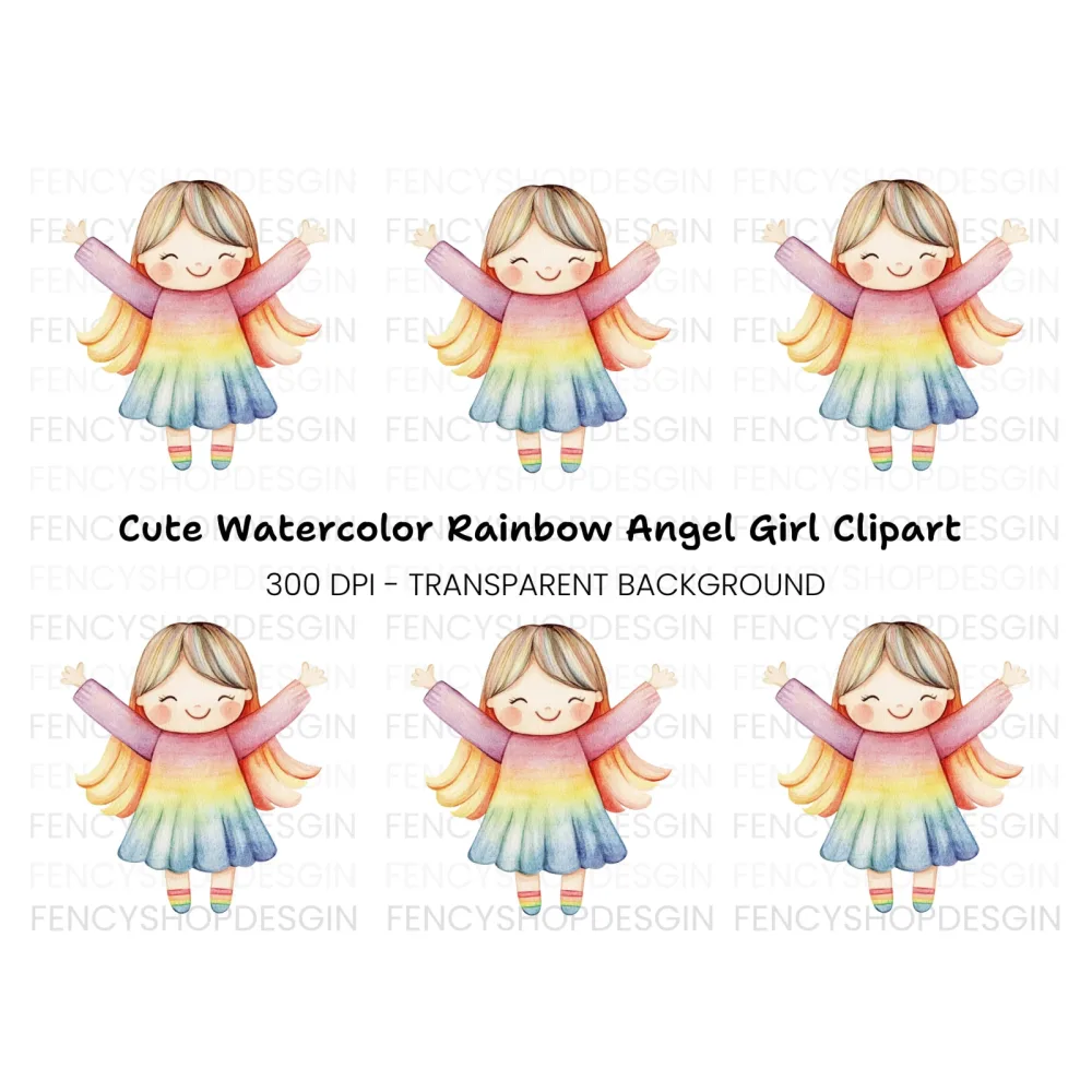 Cute Rainbow Angel Girl Clipart Bundle