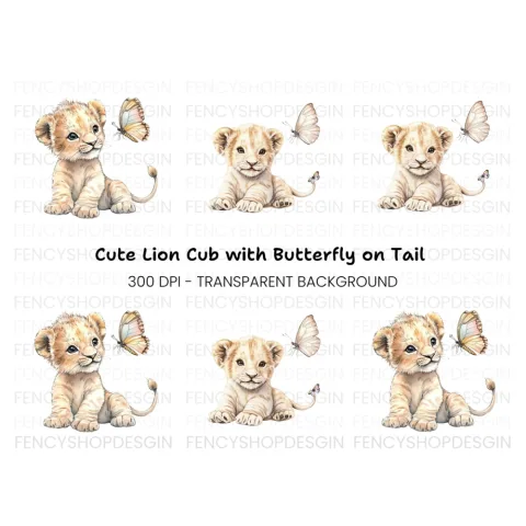 Cute Lion Cubs with Butterflies Clipart Bundle