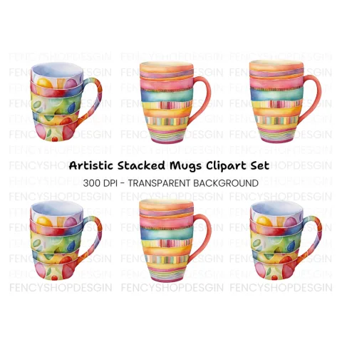 Stacked Striped Mugs Clipart Bundle