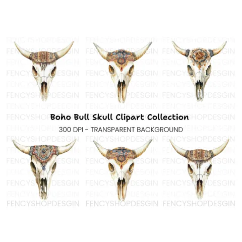 Boho Bull Skulls Clipart Bundle