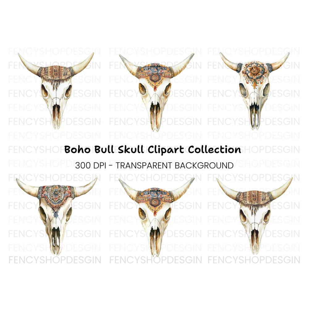 Boho Bull Skulls Clipart Bundle