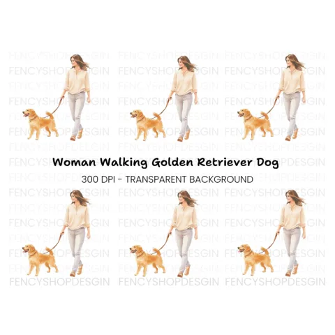 Happy Woman Walking Golden Retriever Clipart Bundle