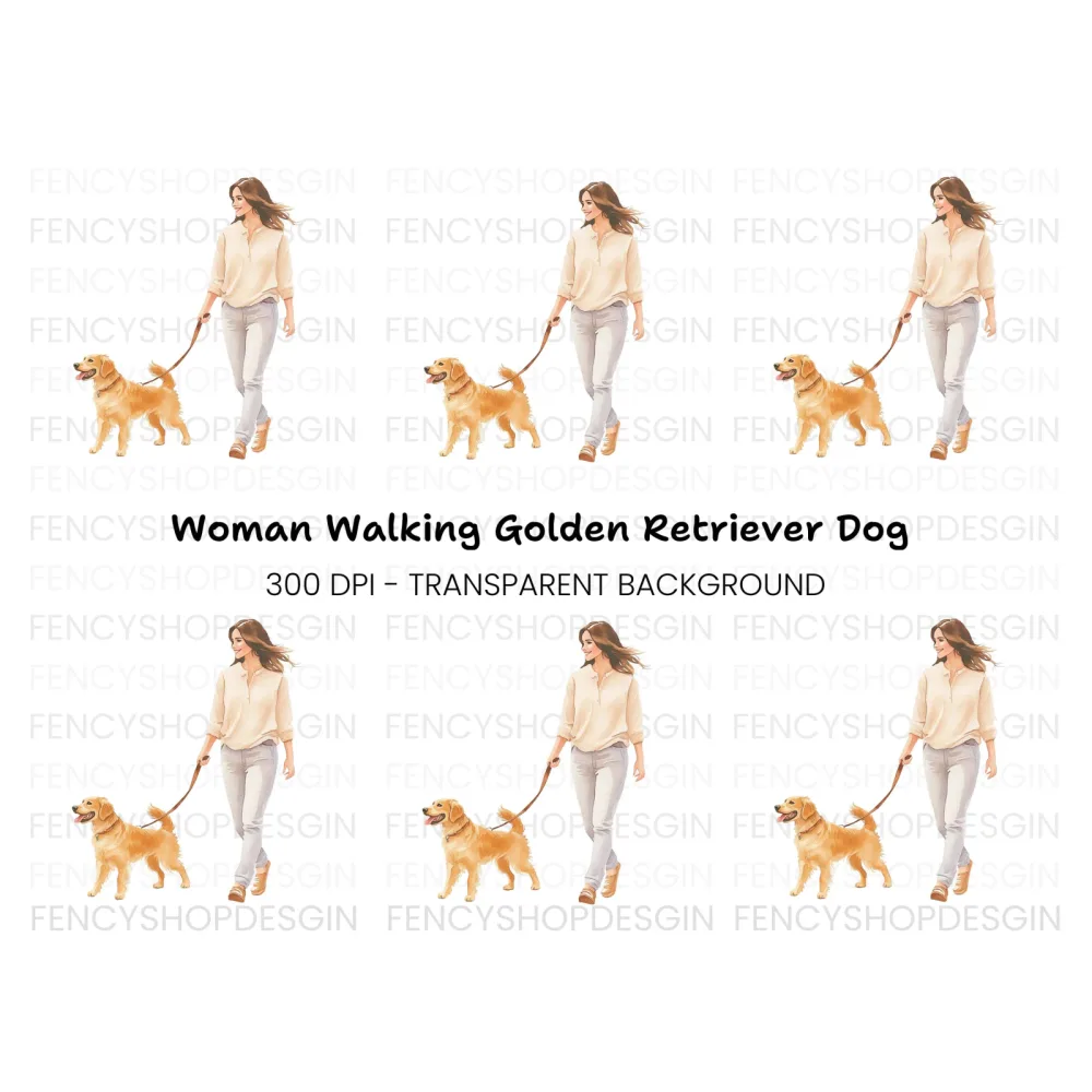 Happy Woman Walking Golden Retriever Clipart Bundle