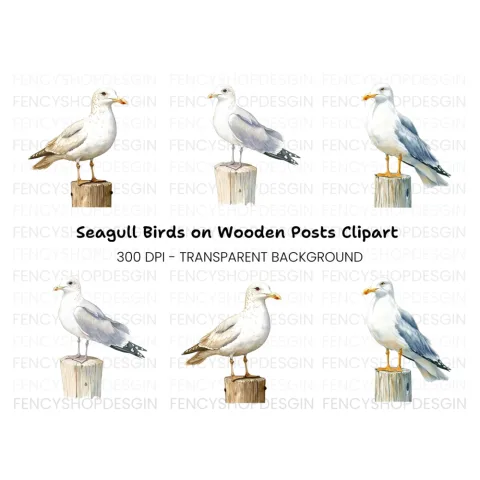 Seagulls on Wooden Posts Clipart Bundle